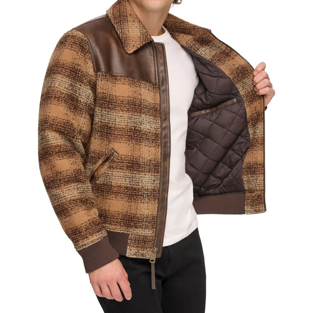 LEVI'S Bomber Jacket Mens Large Brown Plaid Faux Leather Quilted Lined Coat $225